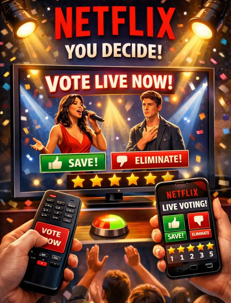 Stage hosts and audience voting on a live contest screen with save and eliminate options