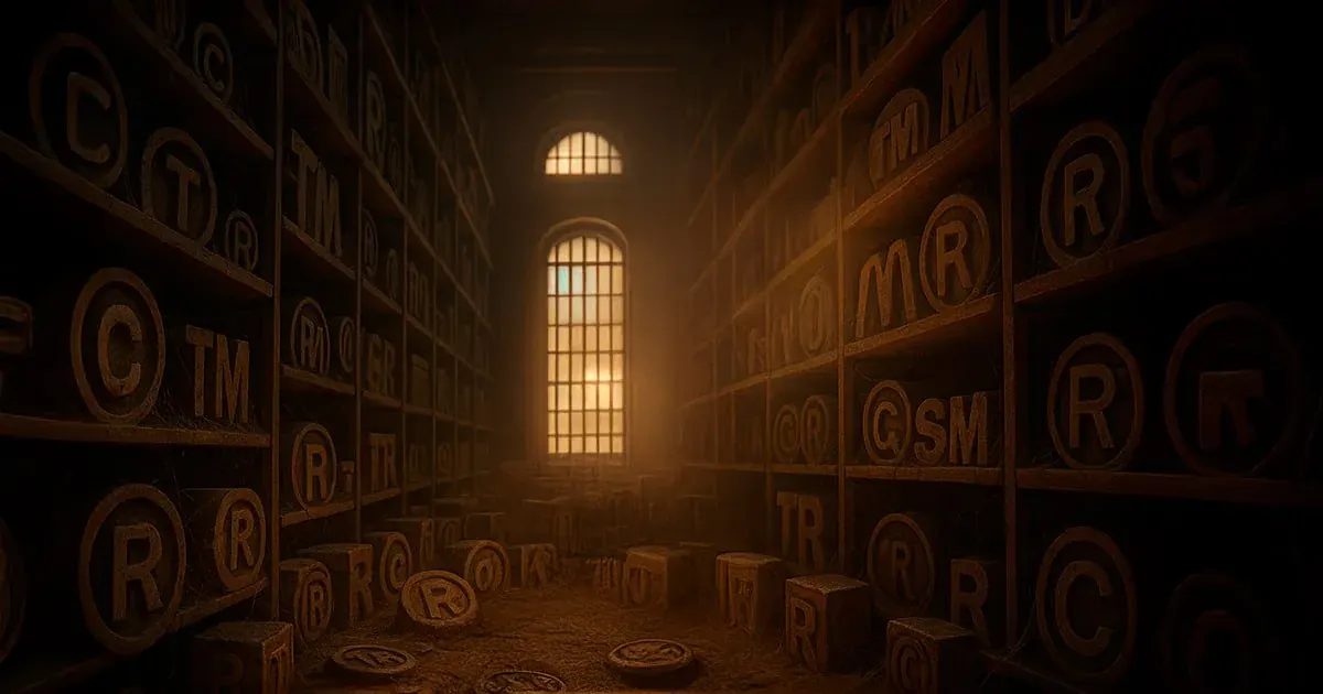 Dim archive room lined with trademark symbols, suggesting the complexity of choosing a gaming marketing agency Dim archive room lined with trademark symbols, suggesting the complexity of choosing a gaming marketing agency