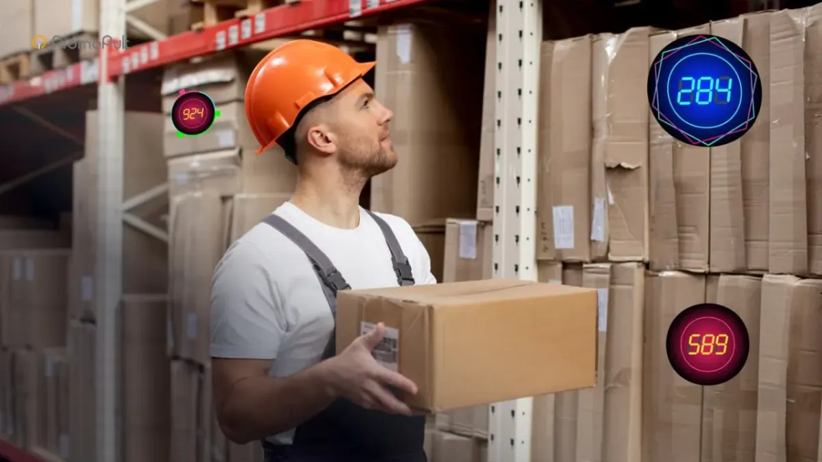 Warehouse worker in a storage facility holding a box with digital gauges in the background Warehouse worker in a storage facility holding a box with digital gauges in the background
