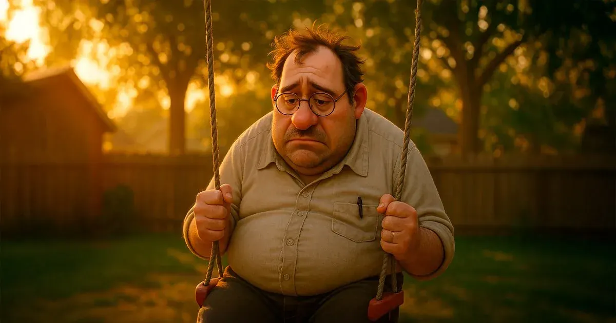 Man wearing glasses sits on a backyard swing looking down on a gaming influencer agency service page Man wearing glasses sits on a backyard swing looking down on a gaming influencer agency service page
