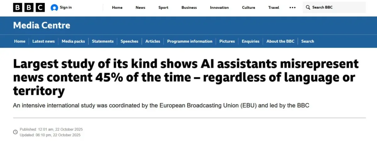 Screenshot of a BBC Media Centre article about AI assistants misrepresenting news content Screenshot of a BBC Media Centre article about AI assistants misrepresenting news content