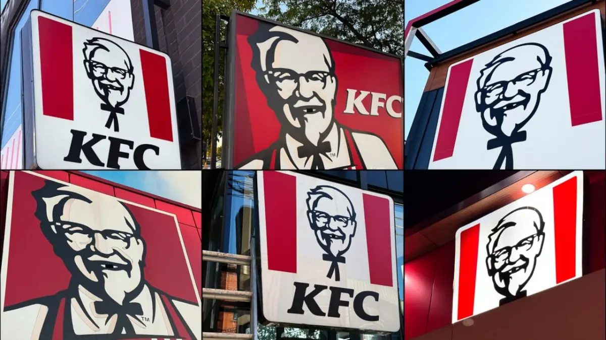 Collage of KFC signage with Colonel Sanders logo and KFC text on signs Collage of KFC signage with Colonel Sanders logo and KFC text on signs