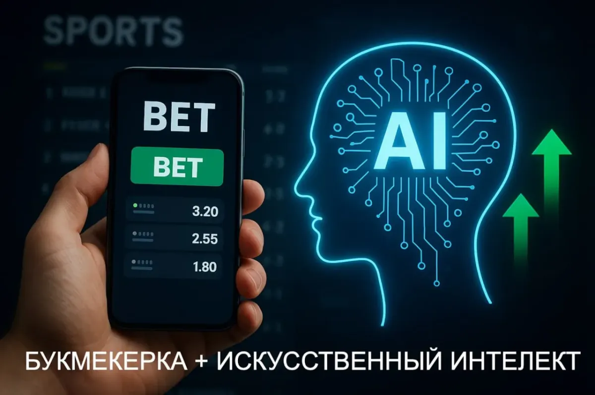 Hand holding a sports betting smartphone app with AI head graphic in background Hand holding a sports betting smartphone app with AI head graphic in background