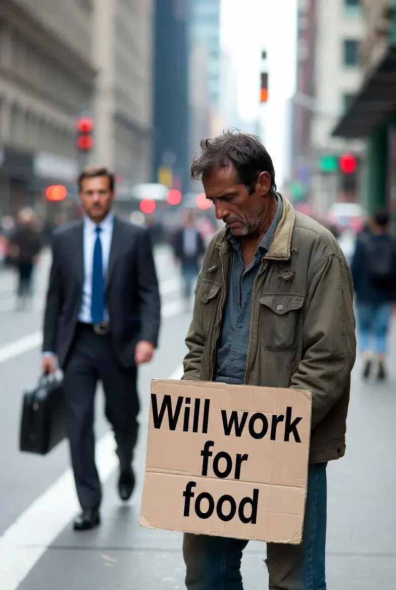 Man on a city street holding a cardboard sign that reads “Will work for food Man on a city street holding a cardboard sign that reads “Will work for food