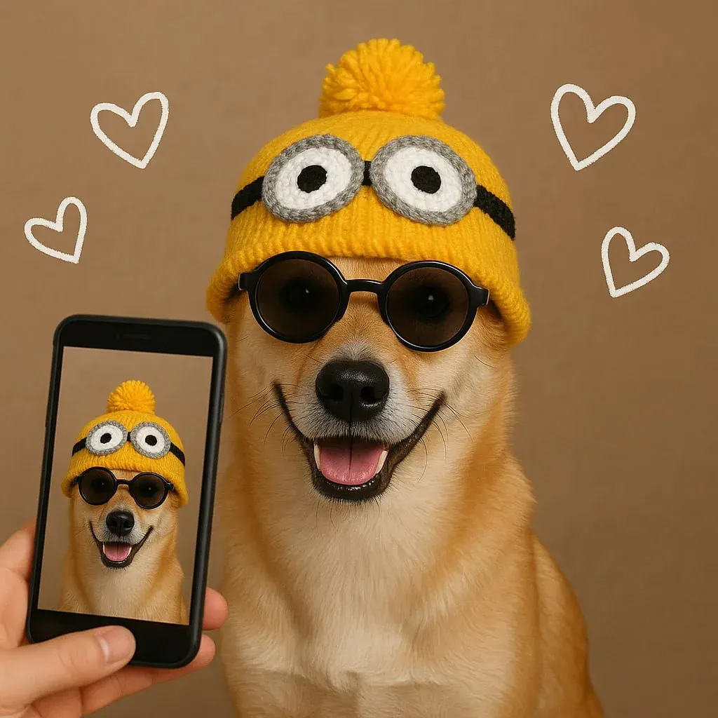 Dog in yellow knit hat and goggles posing with a smartphone showing the same photo Dog in yellow knit hat and goggles posing with a smartphone showing the same photo