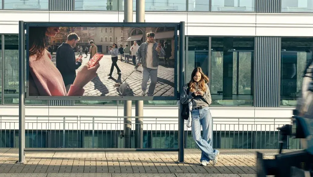 Young woman walking past a large digital billboard outside a modern building