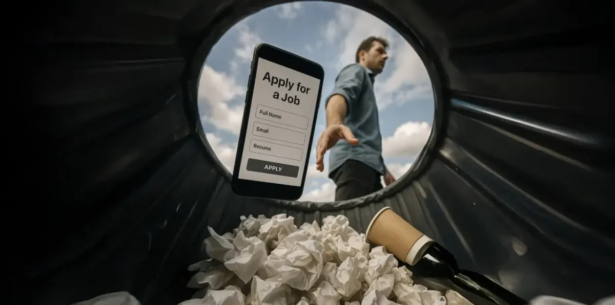 Discarded phone showing an apply for a job form among crumpled paper, suggesting wasted effort or ineffective digital content